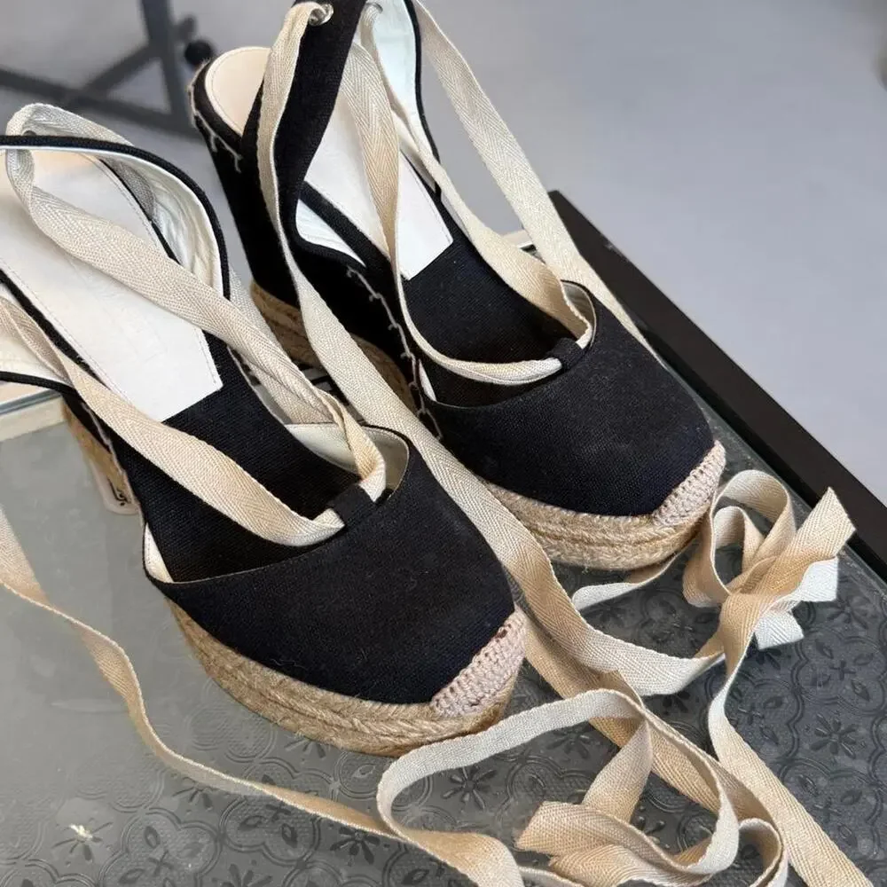 Ralph Lauren Collection Black Canvas Wedges Sz 6.5